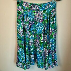 Twirl-able Floral Midi Skirt Blue Green Purple Linen Rayon Pockets Size 8